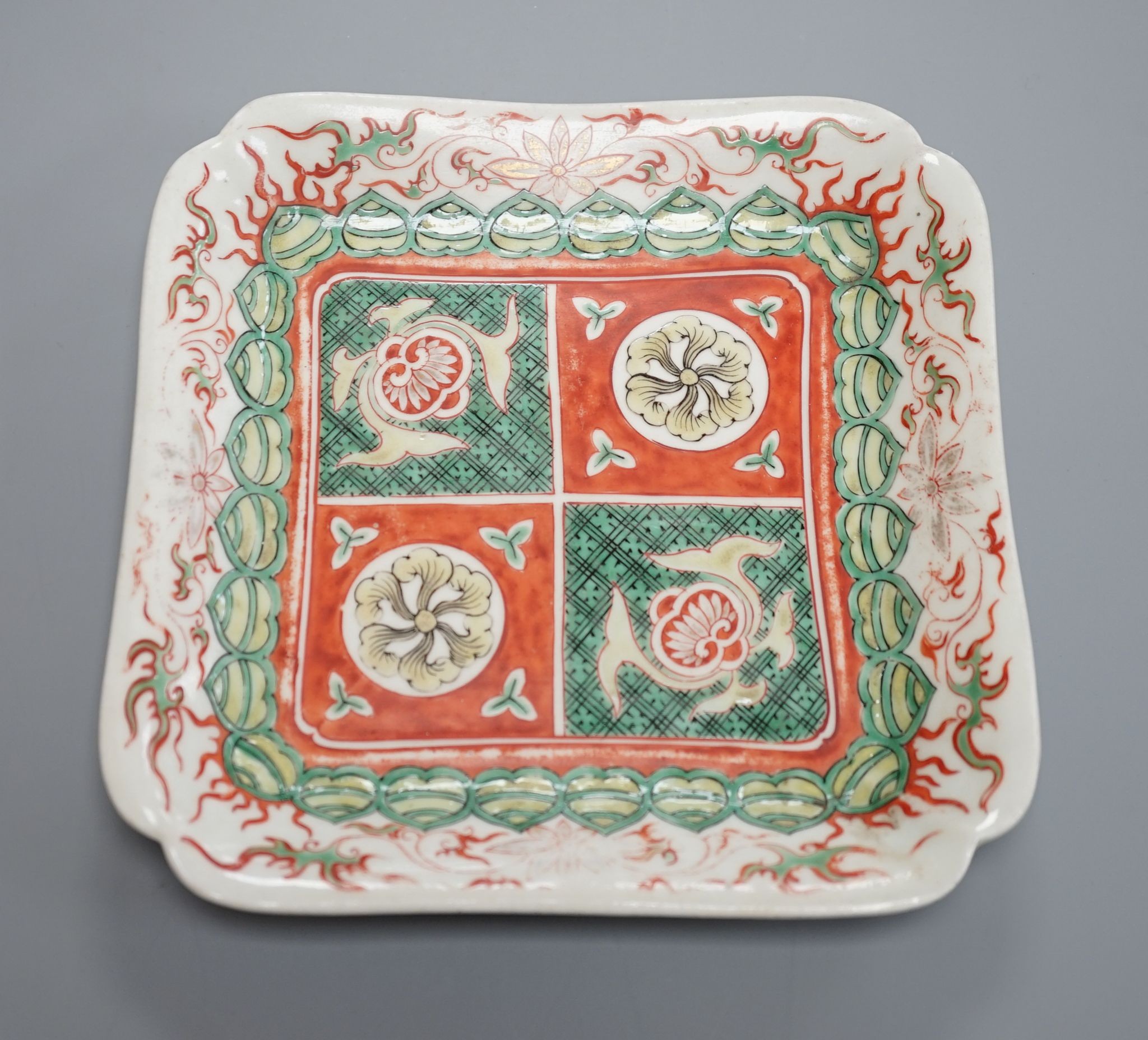 A Japanese Edo period Ko-Imari square polychrome dish, late 17th century 18cm